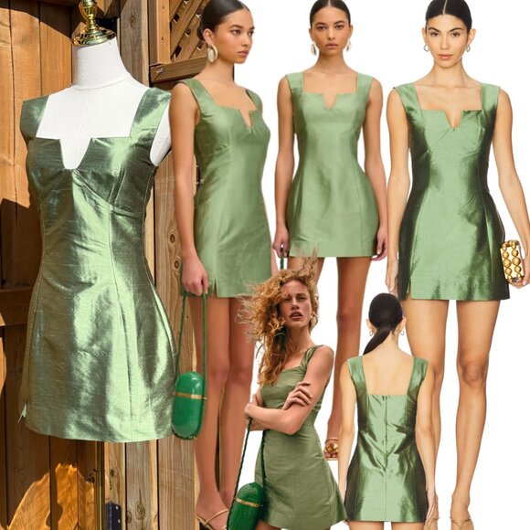 🆕 CULT GAIA 🧿 NWOT Marizia Silk-Dupioni Mini Dress, Calla Lilly Green Sz US 0 - Picture 1 of 17